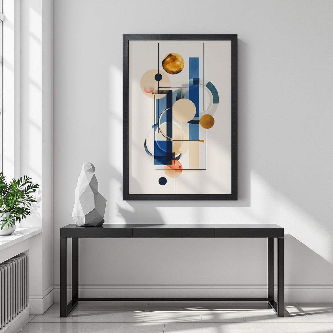 Framed Poster featuring an abstract geometric design with blue, beige, and gold hues. Modern art print for home decor.