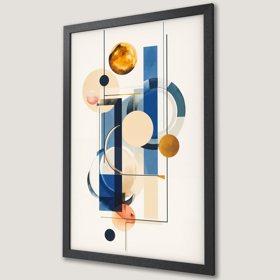 Framed Poster featuring abstract geometric art in blue, gold, and beige tones. Modern wall art for home decor.