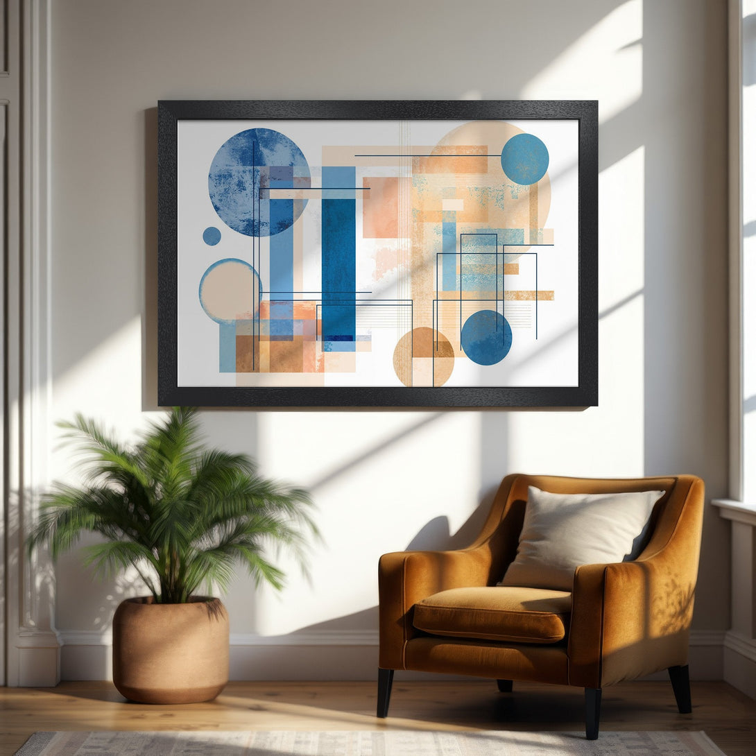Framed Poster featuring abstract geometric art in blue, orange, and beige tones. Modern art print for home decor.