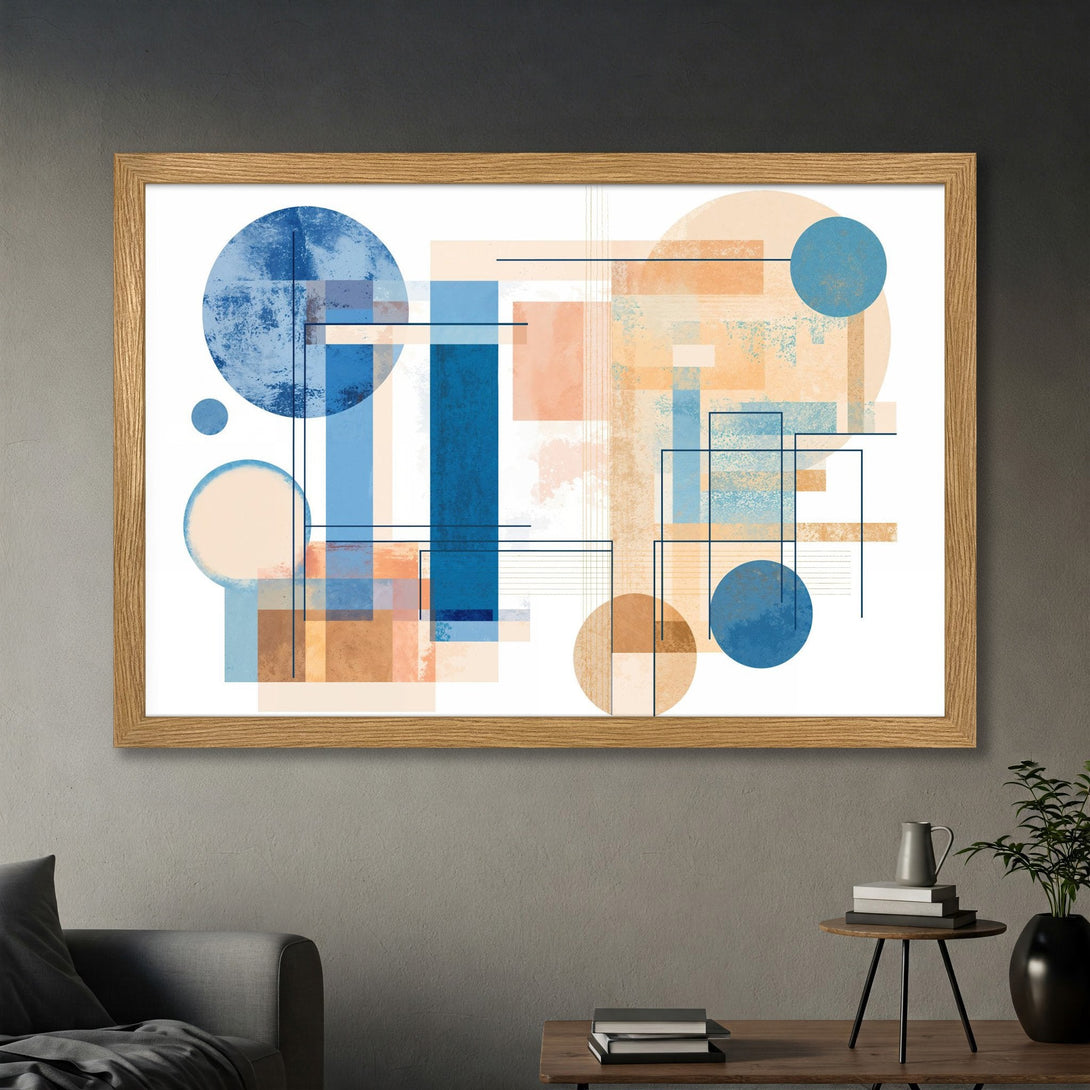 Framed Poster featuring abstract geometric art in blue, beige, and peach tones. Modern art print for home decor.