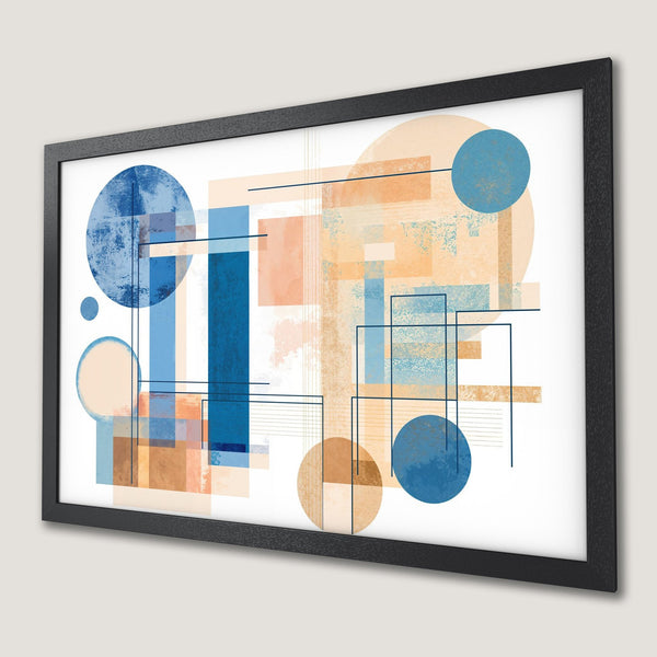 Framed Poster featuring abstract geometric art in blue, peach, and tan. Modern wall decor for any space.