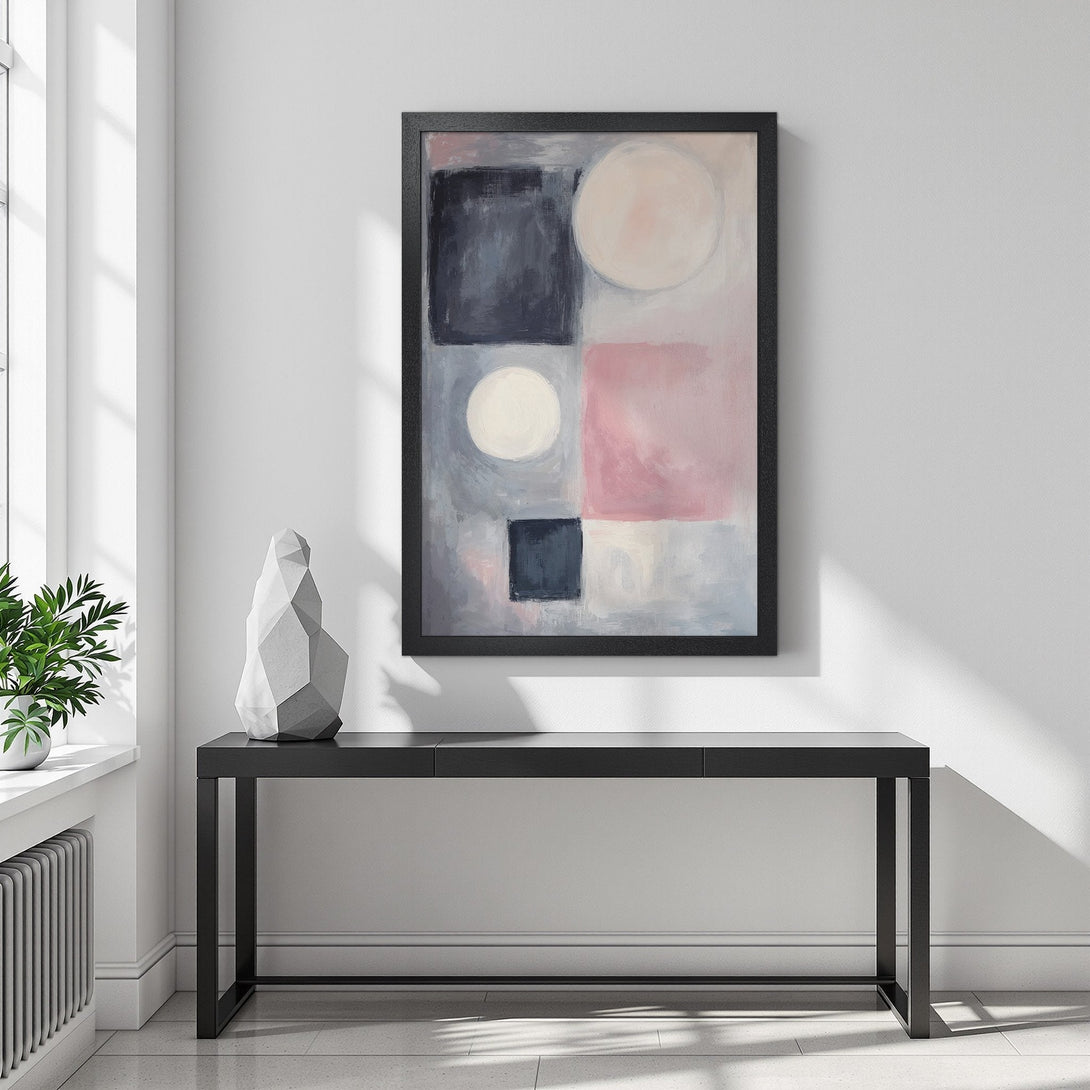 Framed Poster featuring abstract geometric art in a soft pink, gray, and navy color palette. Modern wall decor for any space.