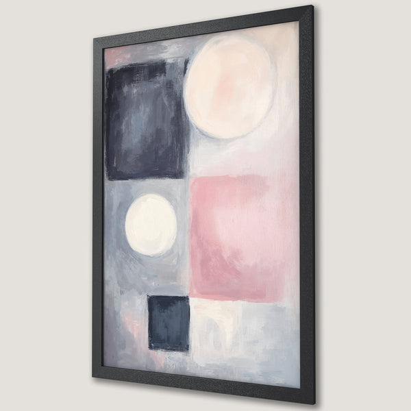 Framed Poster featuring abstract art in blush pink, gray, and navy. Modern wall art for home decor.