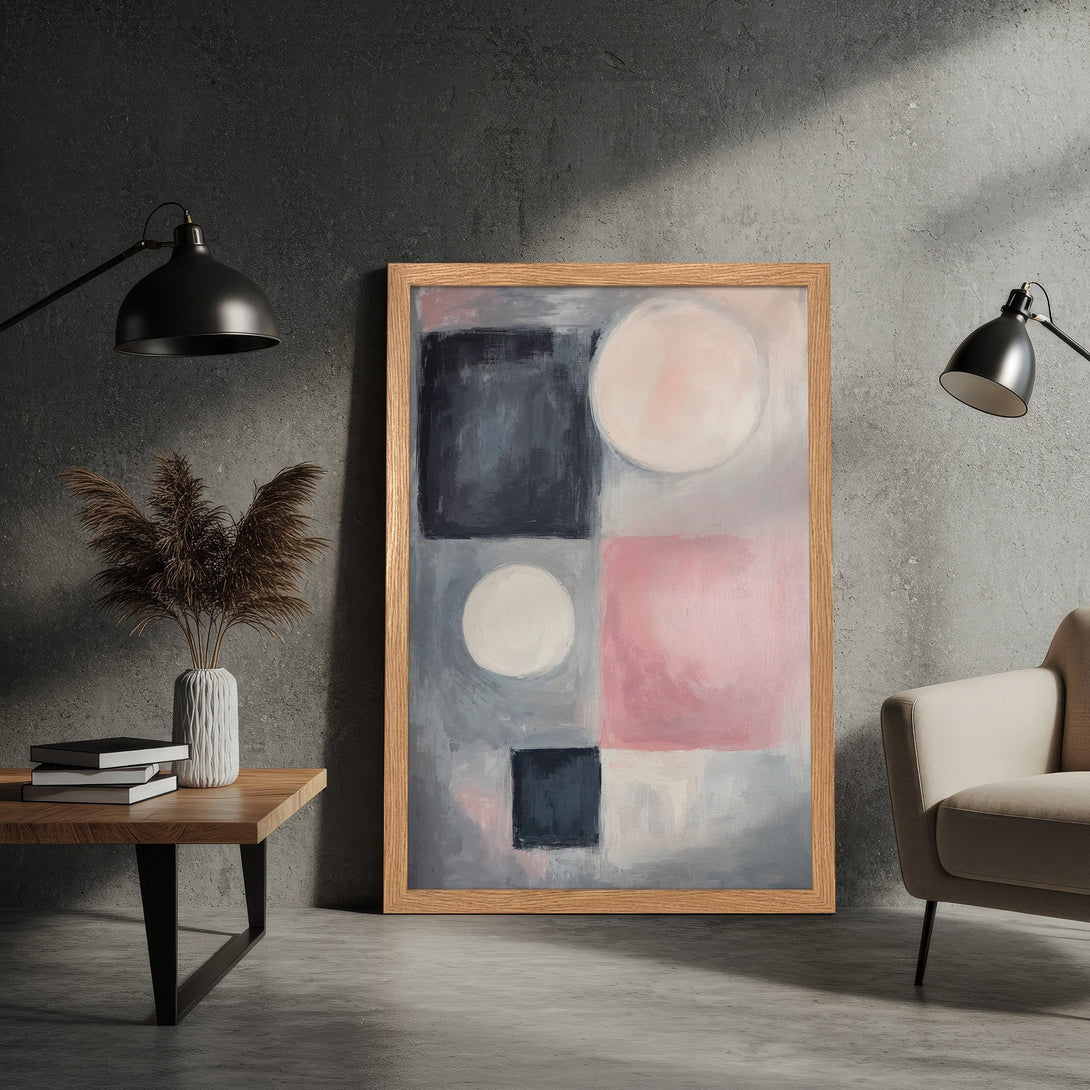 Framed Poster featuring abstract geometric art in pink, gray, and black. Modern art print for home decor.