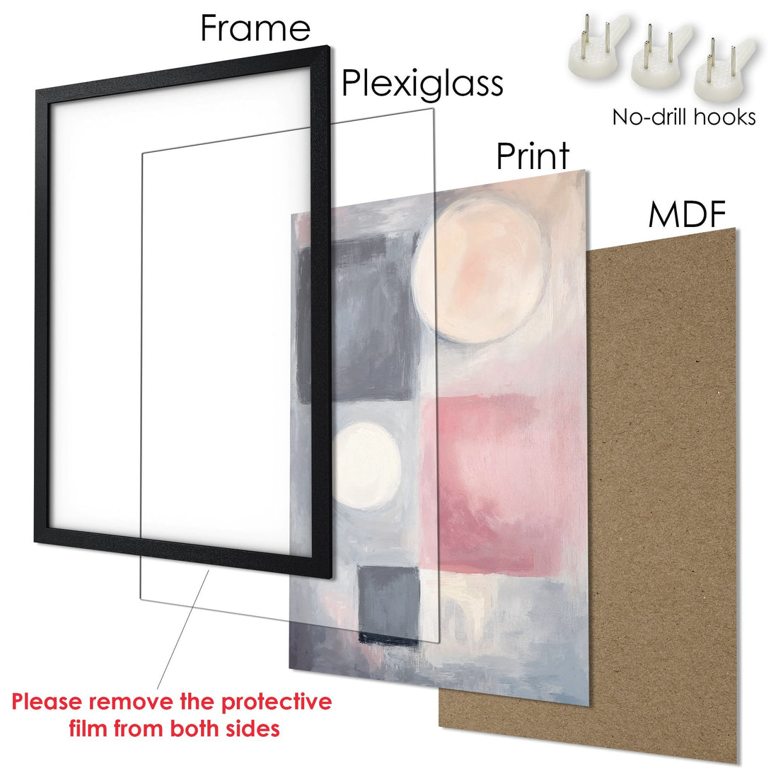 Framed Poster with abstract art in pink, gray, and white. Modern wall art for home decor.