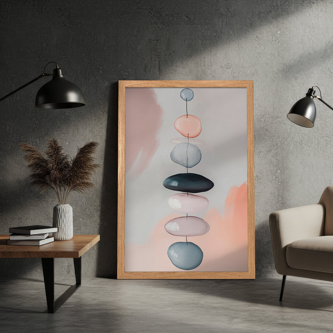 Framed Poster featuring abstract stone art in soft pinks, blues, and grays. Modern, minimalist style for your home decor.