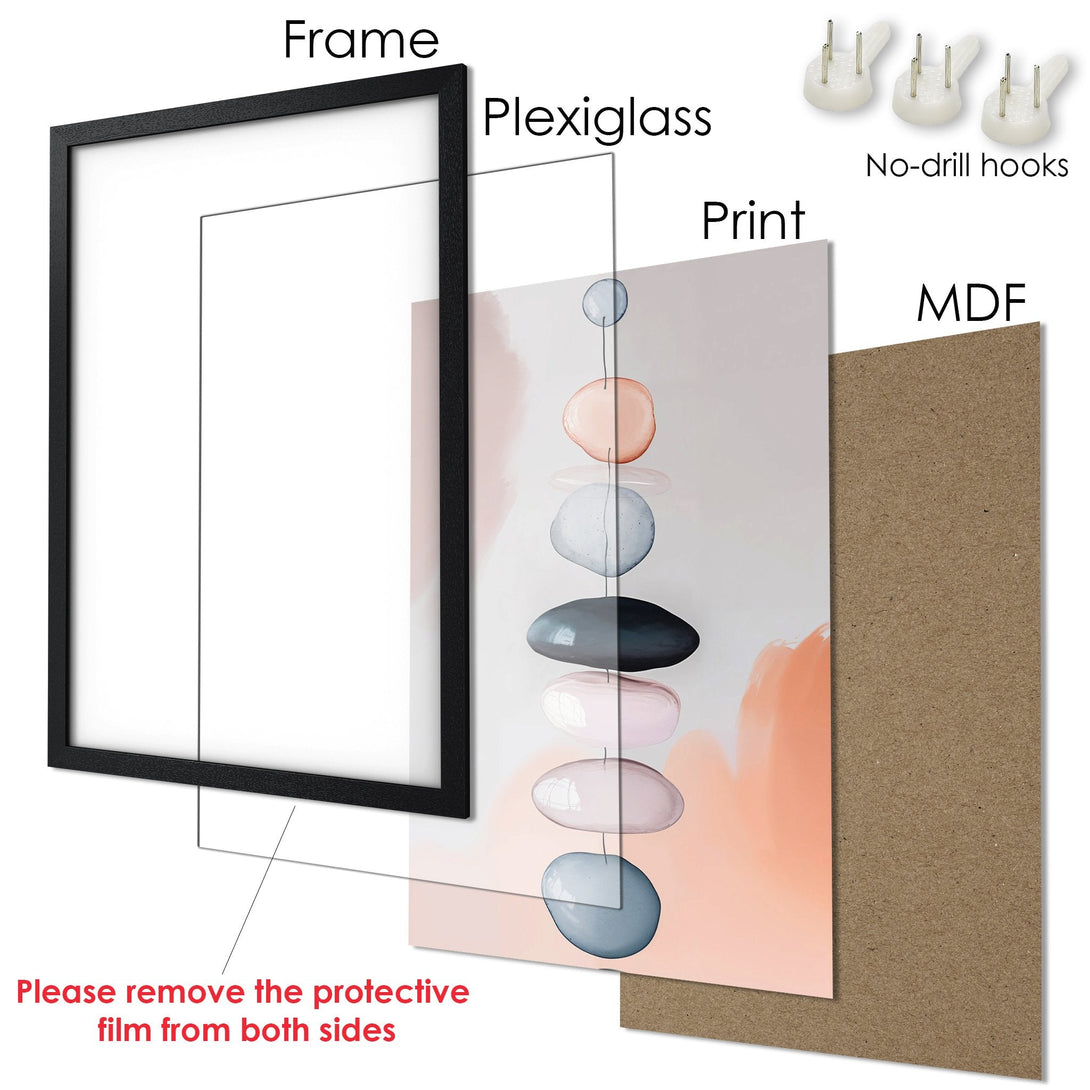 Framed Poster with abstract art in soft peach, gray, and blue tones. Modern wall decor ready to hang!