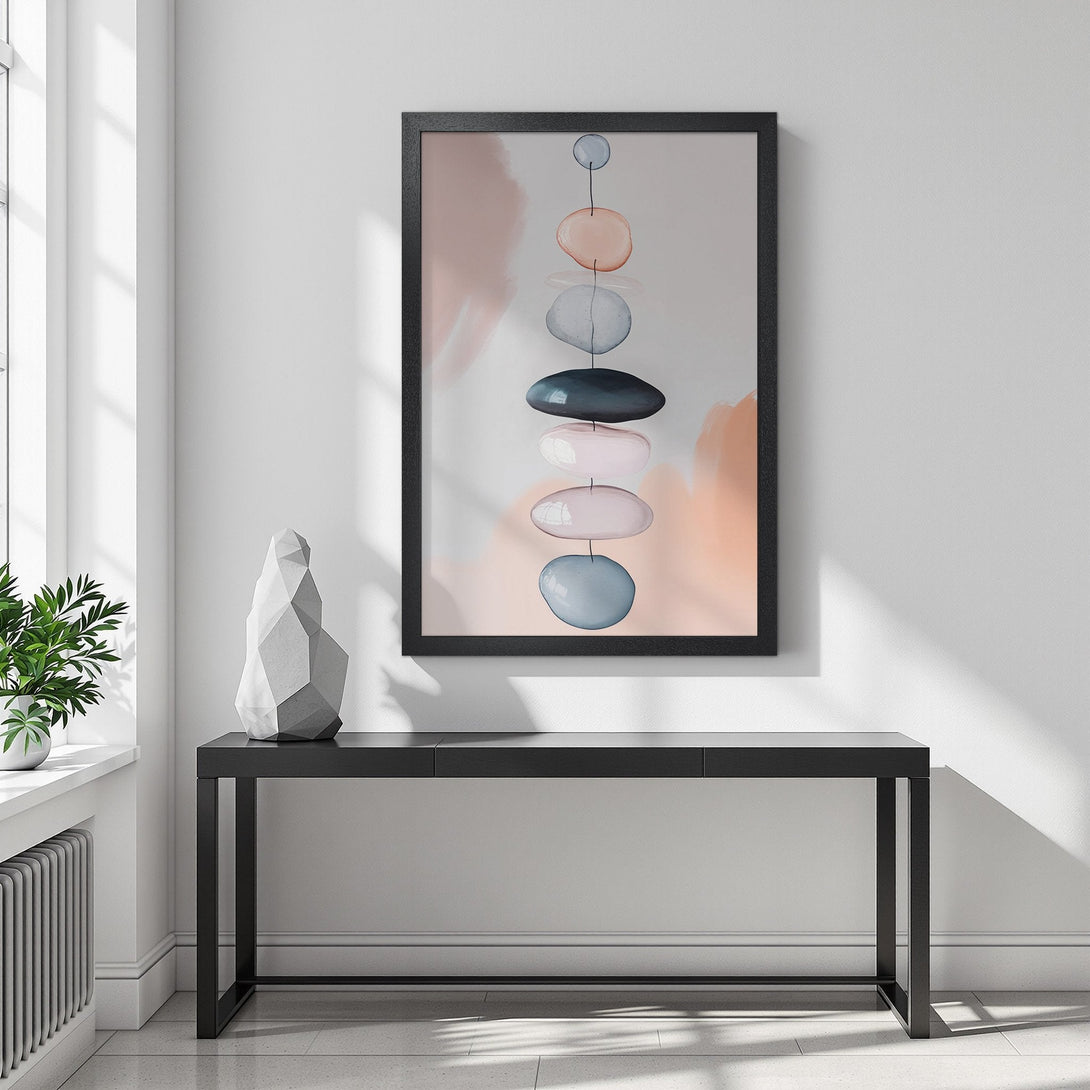 Framed Poster featuring abstract art in a minimalist style with a soft peach and blue color palette, perfect wall decor.