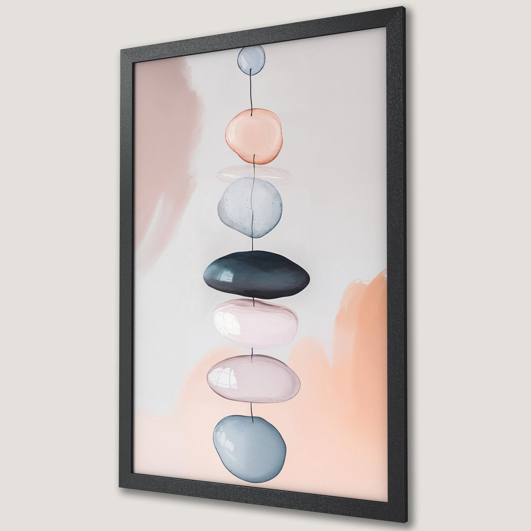 Framed Poster featuring abstract watercolor art of stacked stones in a soft, muted color palette. Perfect for modern home decor.