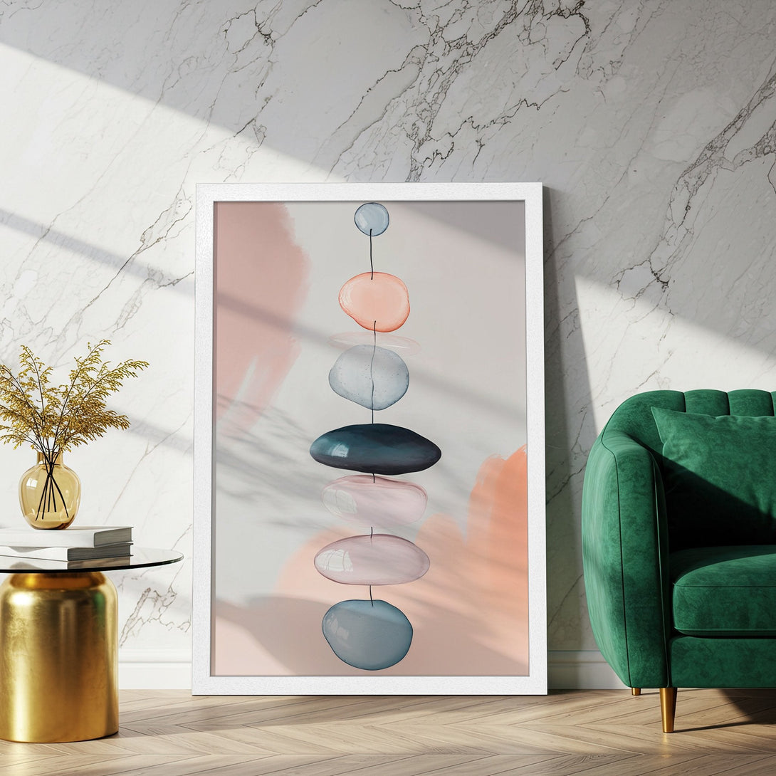 Framed Poster featuring abstract art in a minimalist style with a soft pink, blue, and neutral color palette. Perfect wall decor!