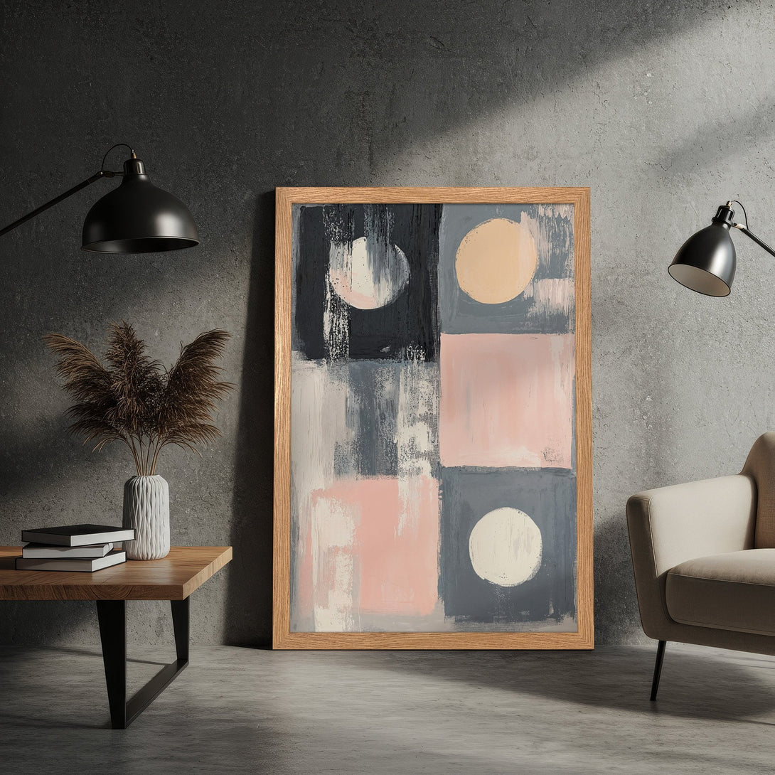 Framed Poster featuring an abstract geometric design in a muted pink, gray, and black color palette. Modern art for your home!