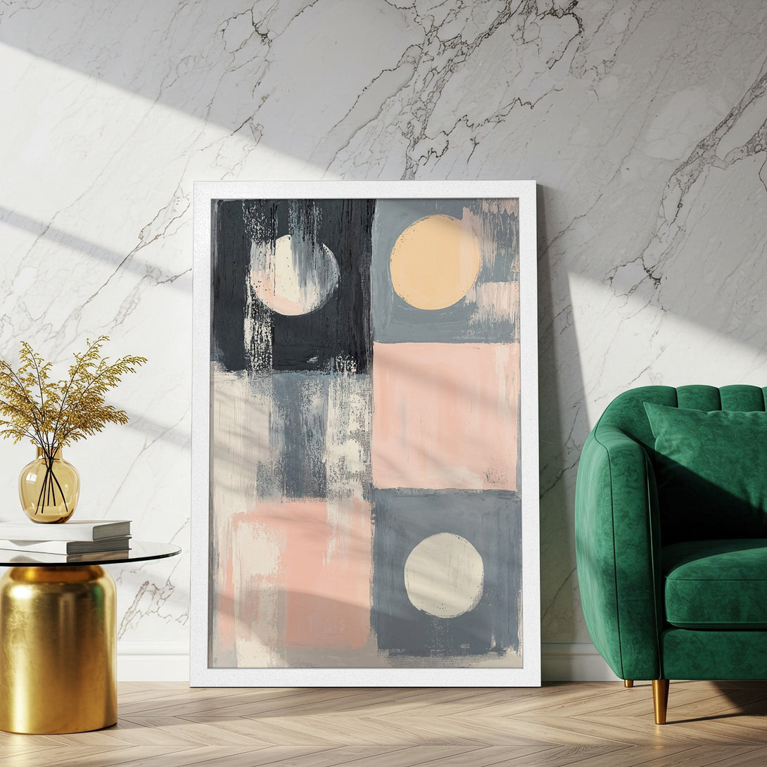 Framed Poster featuring abstract art in blush, gray, and black. Modern style art print for home decor.