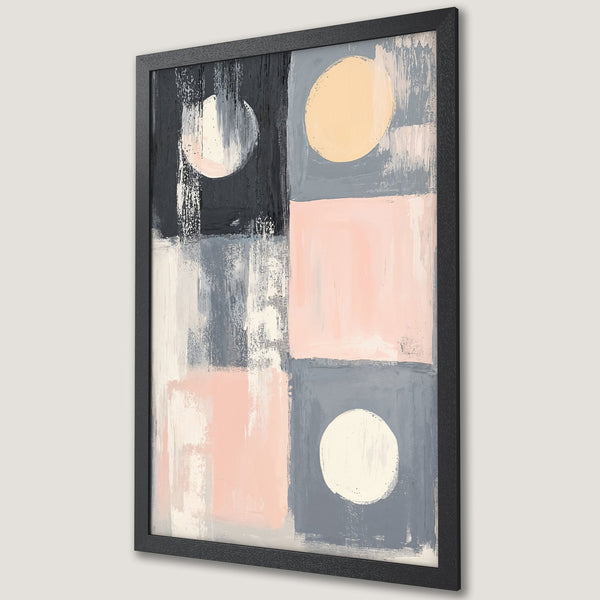 Framed Poster featuring abstract art with brushstrokes, circles, and a muted color palette of pink, gray, and black. Perfect wall decor.