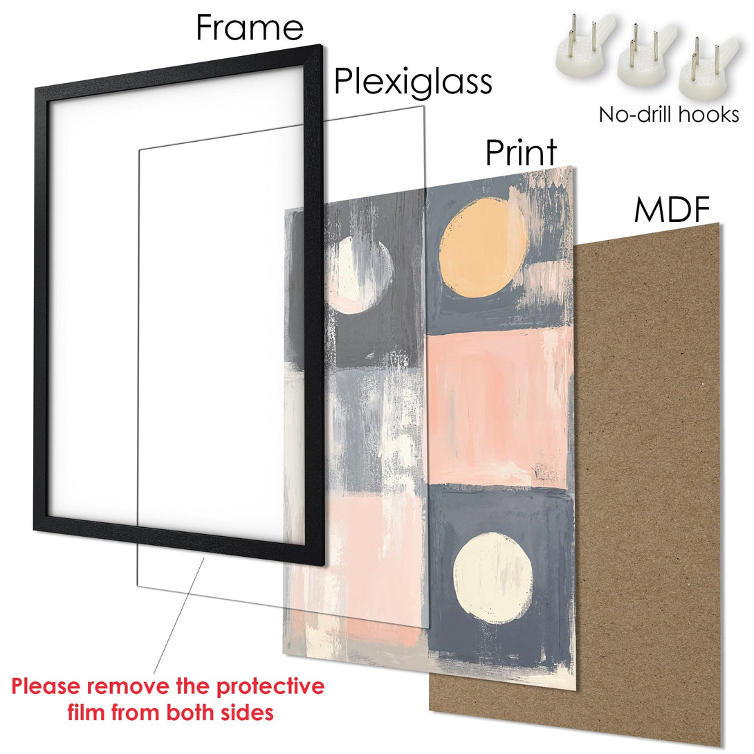 Framed Poster with abstract art in gray, peach, and white. Modern art print for your home decor.