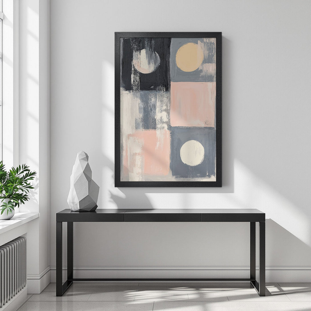 Framed Poster featuring abstract art in a modern style with a neutral, blush, and gray color palette. Perfect wall decor!