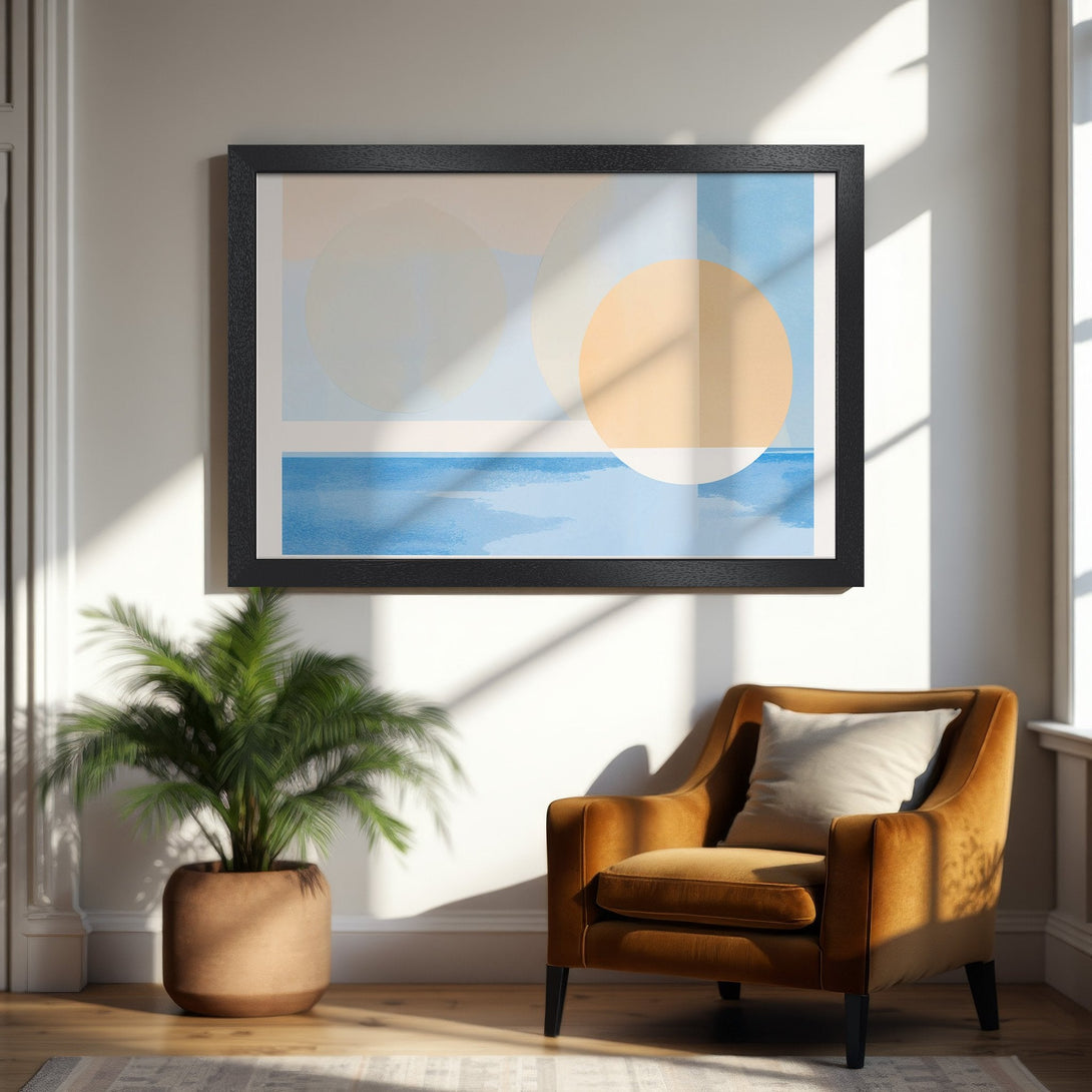 Framed Poster featuring abstract geometric art in a calming blue, beige, and orange color palette. Perfect wall decor!