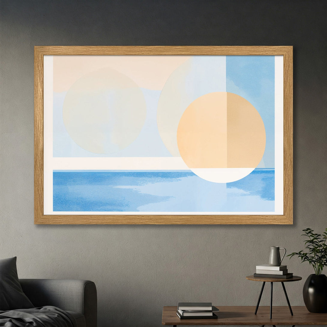 Framed Poster featuring abstract geometric art in a calming blue, peach, and beige color palette. Modern wall art for your home.
