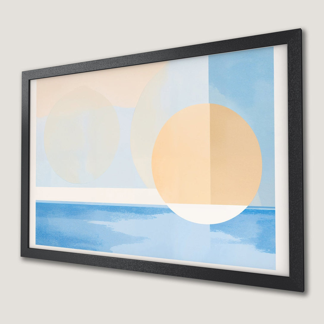 Framed Poster featuring an abstract geometric design in a calming blue and beige palette. Perfect wall art!