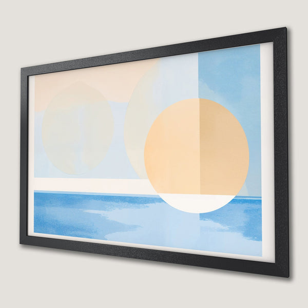 Framed Poster featuring an abstract geometric design in a calming blue and beige palette. Perfect wall art!
