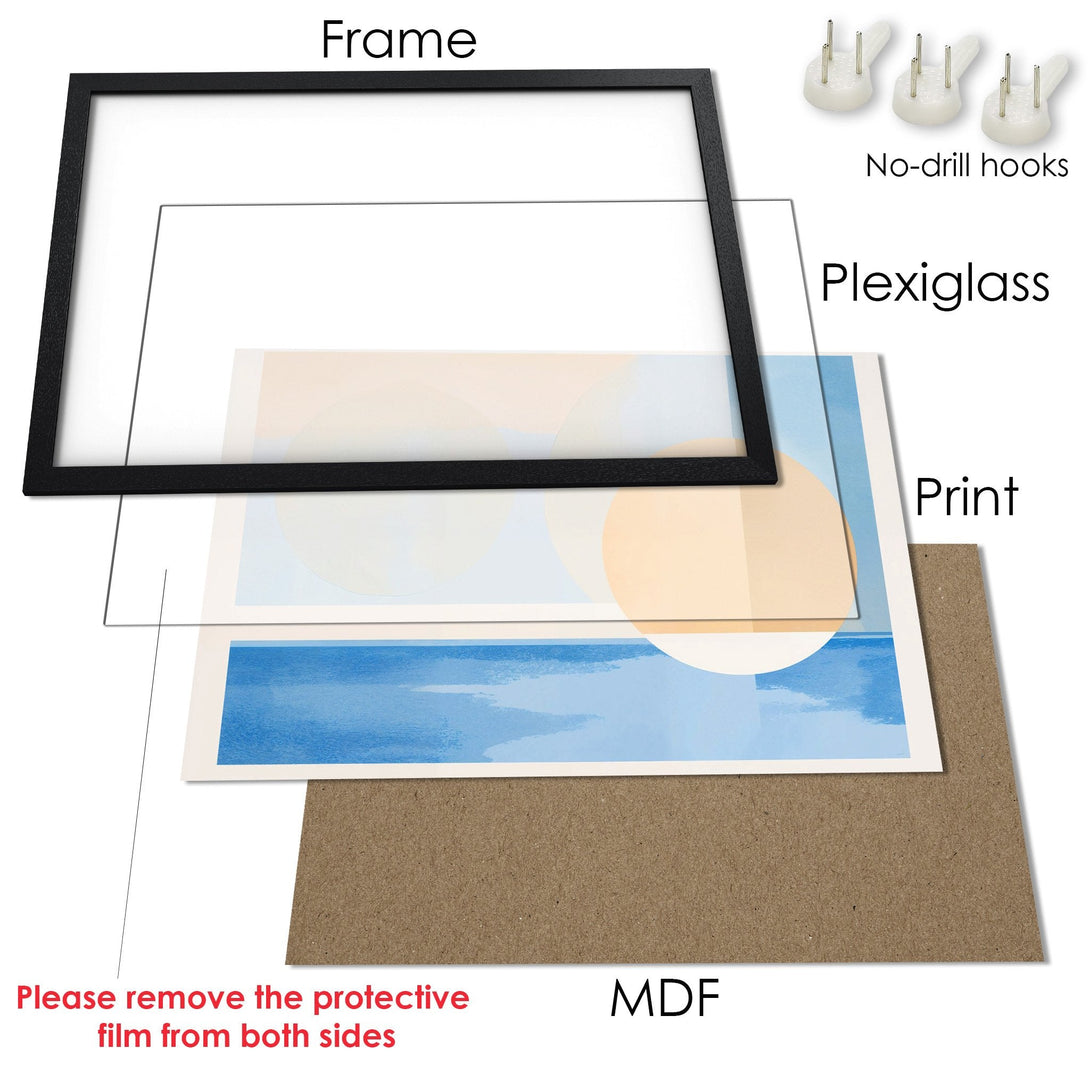 Framed Poster featuring abstract art in a calming blue and beige palette. Ready to hang art for your home decor.