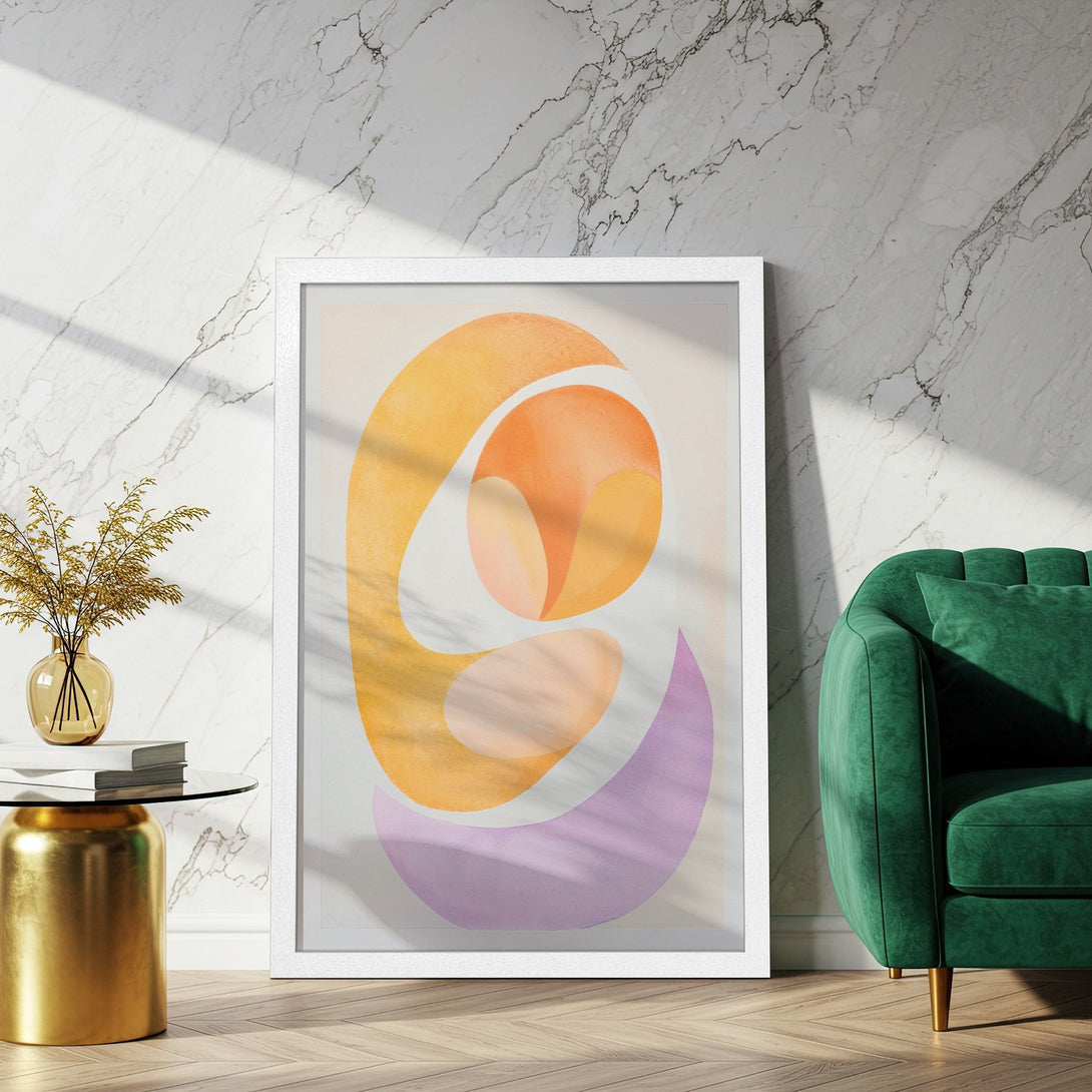 Framed Poster featuring abstract art in warm orange, peach, and purple hues. Modern wall decor for a stylish space.