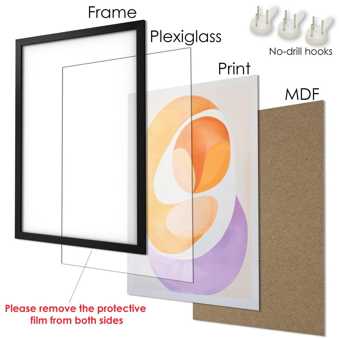 Framed Poster featuring abstract art in warm orange and purple tones. Modern style, ready to hang.