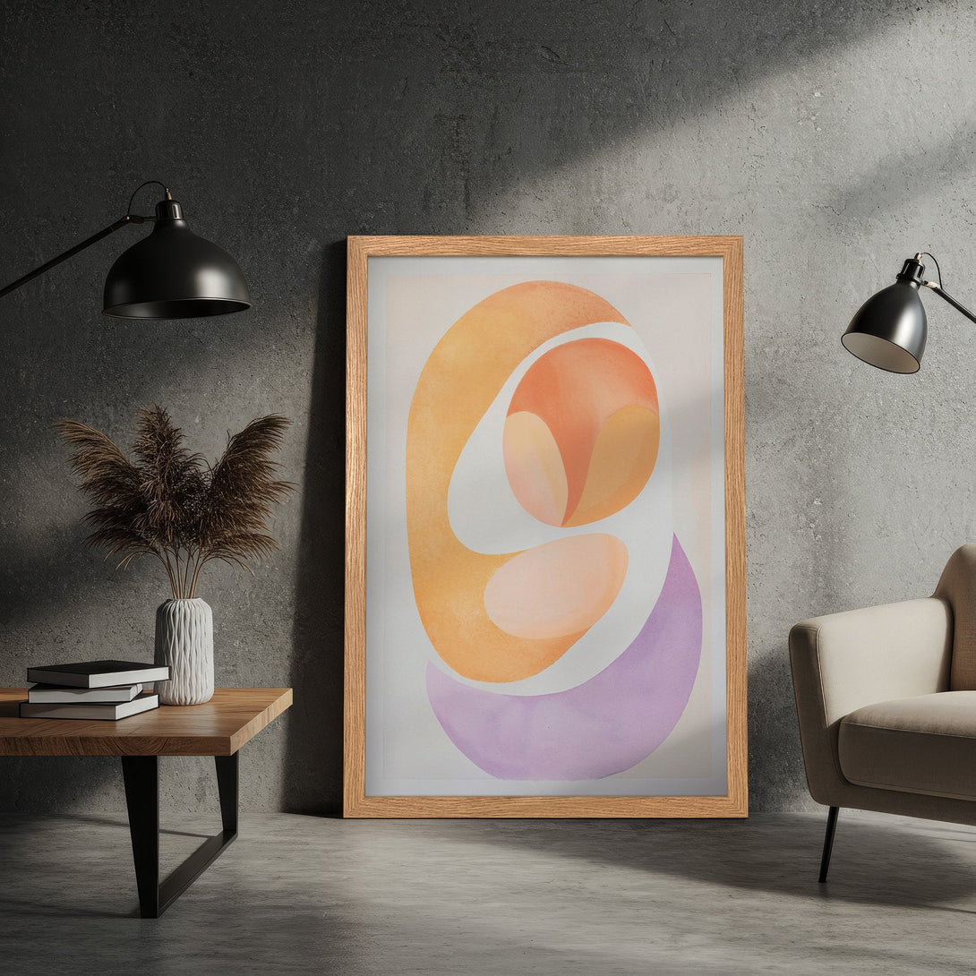 Framed Poster featuring an abstract, minimalist design in warm orange, peach, and purple hues. Perfect art print for modern home decor.