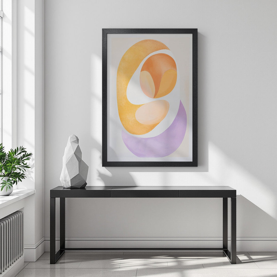 Framed Poster featuring abstract art in warm yellow, orange, and purple hues. Modern style, perfect for home decor.