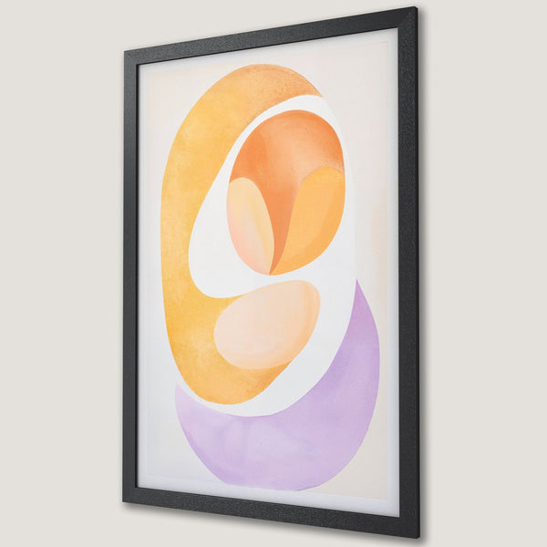 Framed Poster featuring abstract art in warm orange, yellow, and purple hues. Modern wall art to brighten any space.