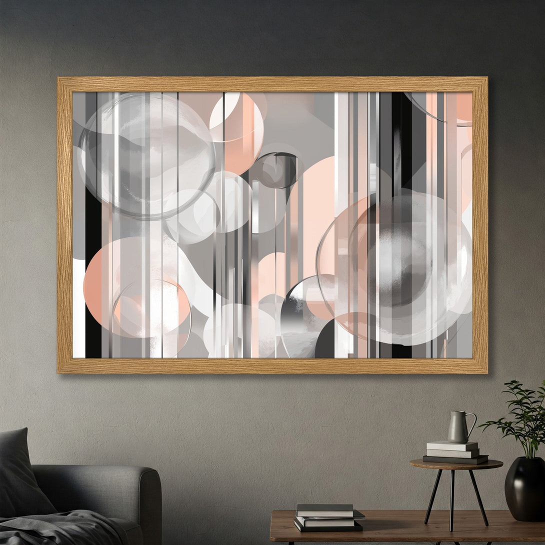 Framed Poster featuring an abstract geometric design in a neutral color palette of gray, black, and blush pink. Modern art for your home.