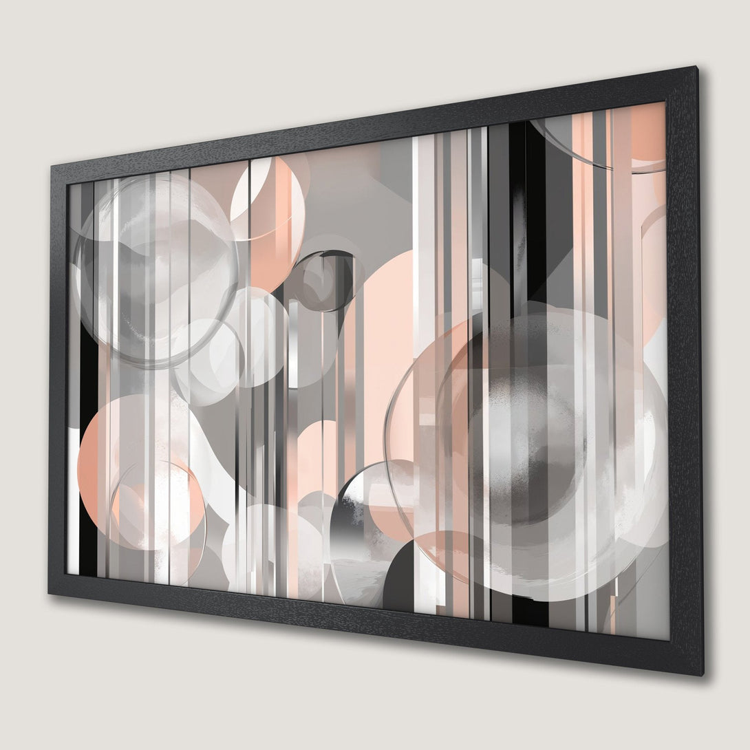 Framed Poster: Abstract art with circles and lines, in a neutral color palette of gray, white, and peach. Modern wall decor.