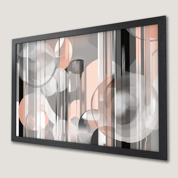 Framed Poster: Abstract art with circles and lines, in a neutral color palette of gray, white, and peach. Modern wall decor.
