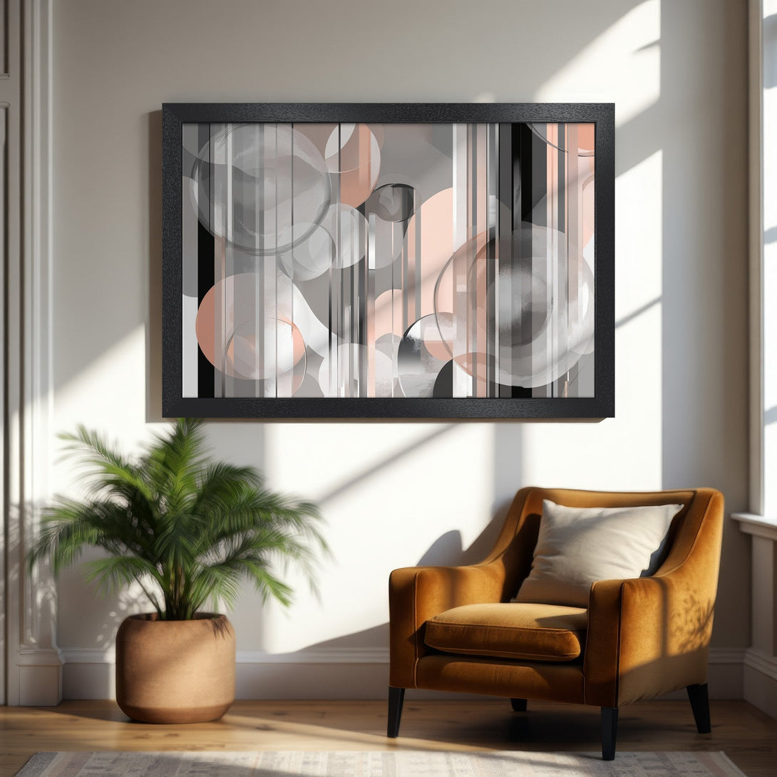 Framed Poster featuring abstract geometric art in gray, blush, and black, perfect for modern home decor.