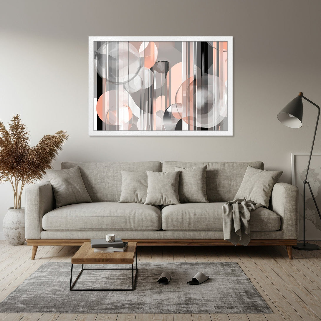 Framed Poster featuring abstract geometric art in gray, black, and peach tones. Modern wall art for home decor.