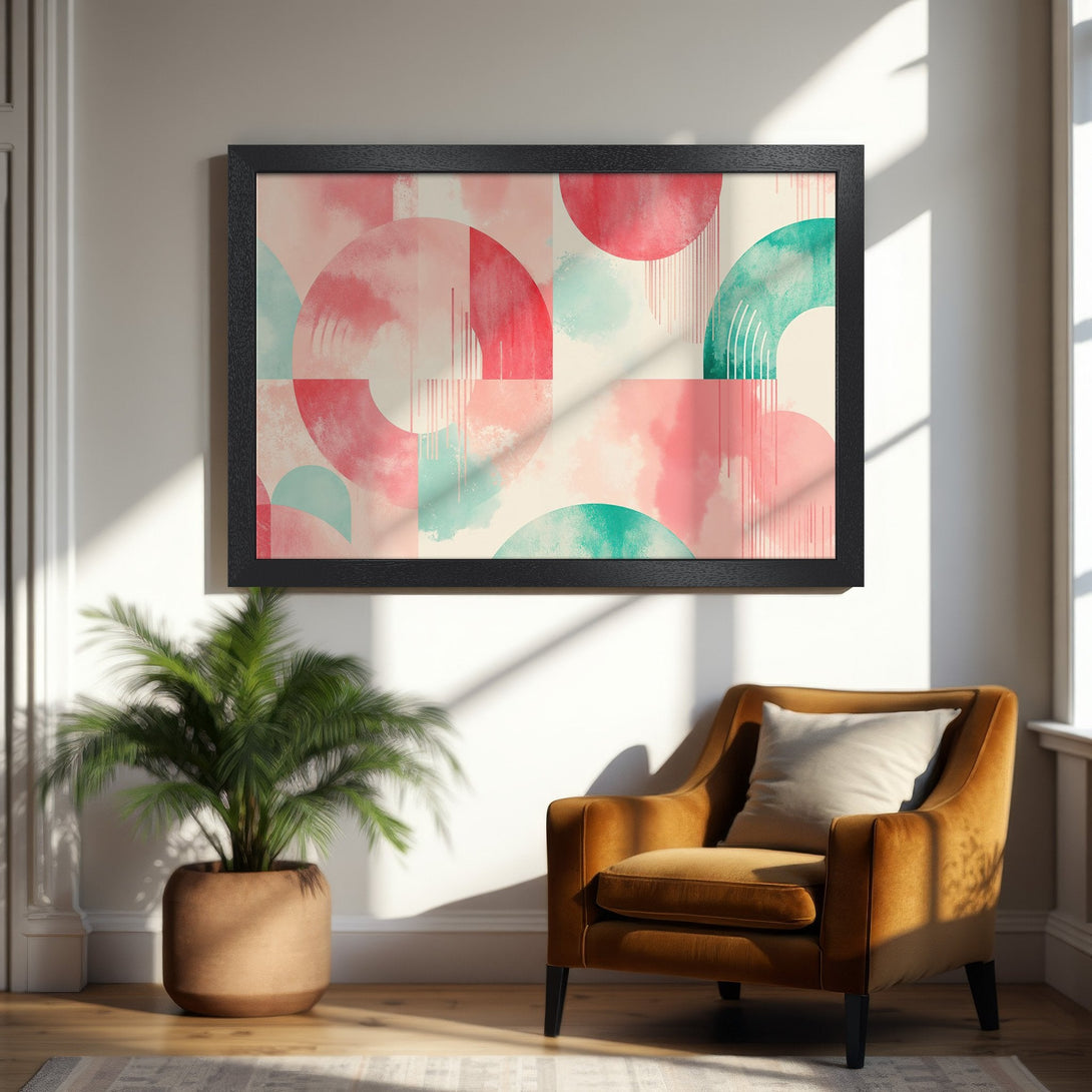 Framed Poster with abstract geometric art in pink, teal, and cream. Modern style, perfect wall decor.
