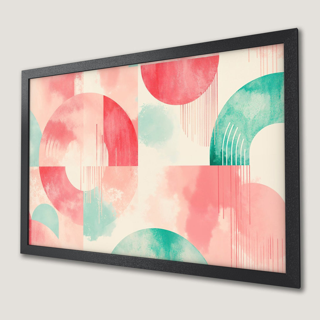Framed Poster featuring abstract geometric art in a watercolor style, with pink, teal, and cream color palette. Perfect wall decor!