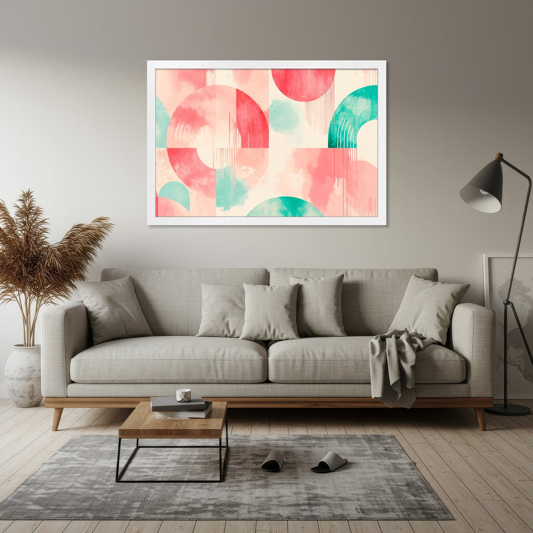 Framed Poster featuring abstract watercolor art in pink, teal, and cream. Modern art print for home decor.