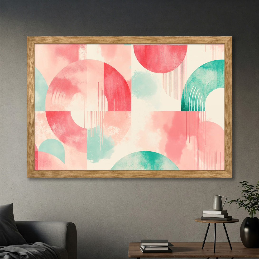 Framed Poster featuring abstract geometric art in pink, teal, and cream. Modern art print for home decor.