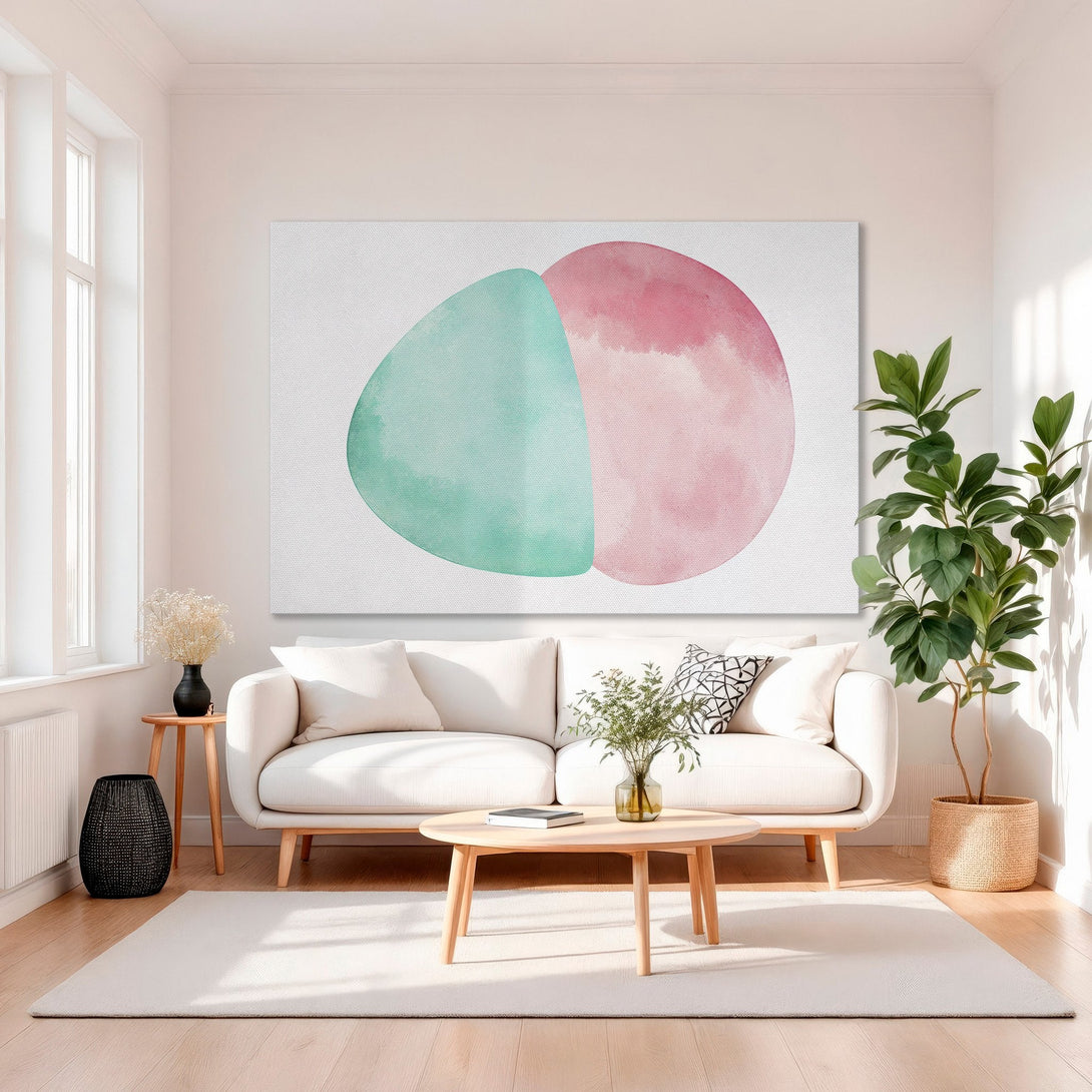 Framed Wall Art: Abstract watercolor design in teal and pink. Modern art canvas print adds a pop of color to any room. Shop now!