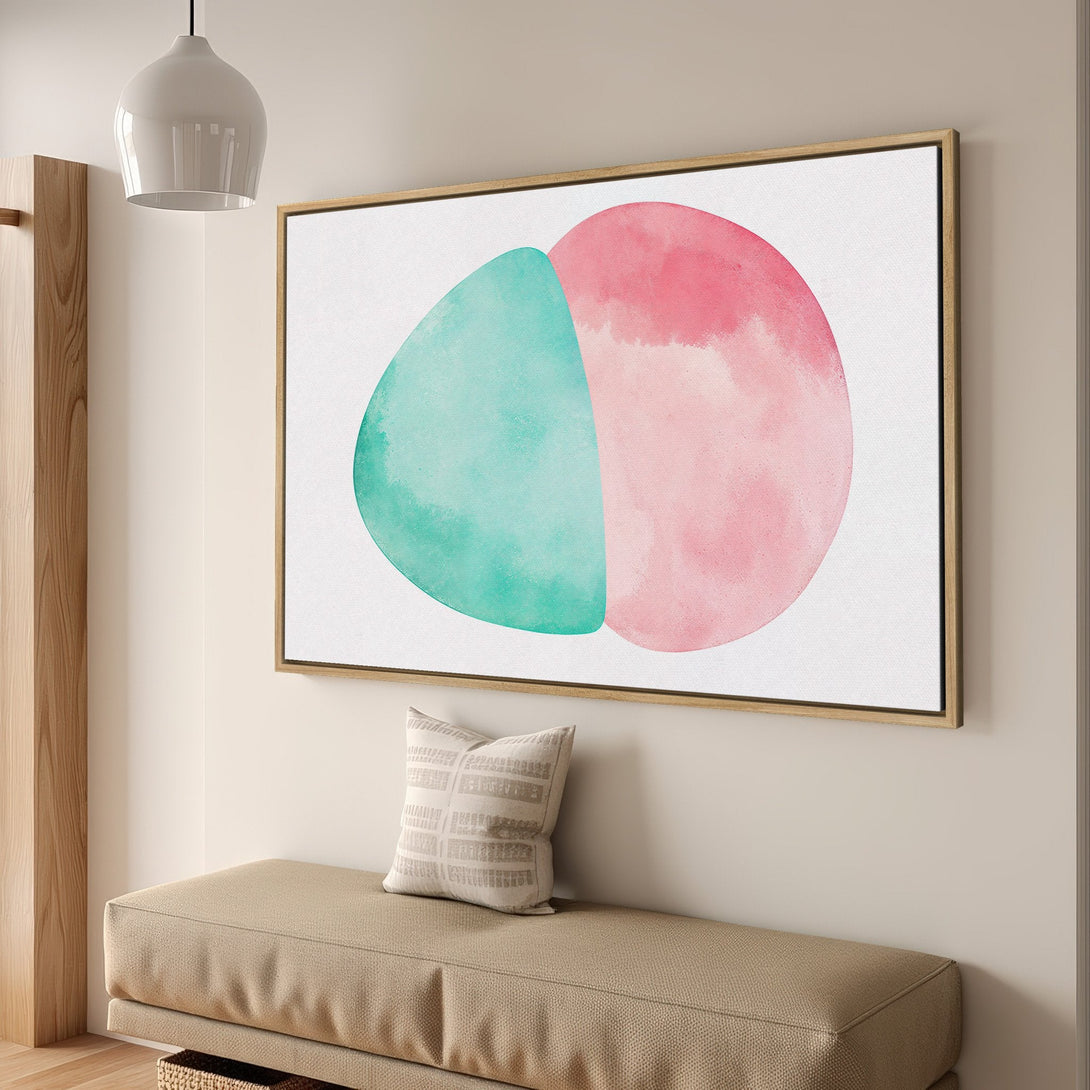 Framed Wall Art: Abstract watercolor shapes in pink and teal. Modern art canvas print for home decor. Adds a pop of color!