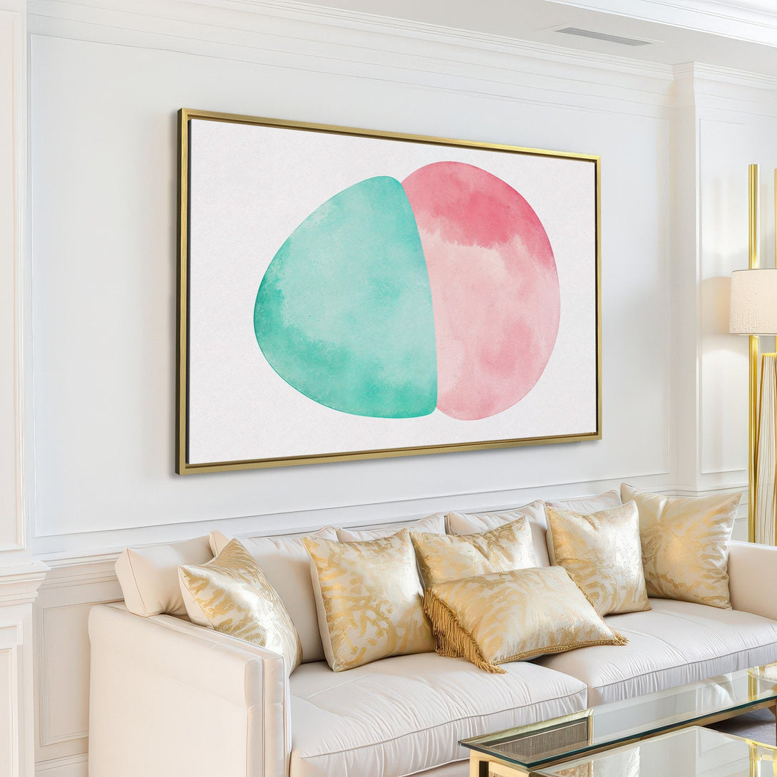 Canvas Print: Abstract watercolor art in soft pink & mint green hues. Modern wall decor for a stylish living room.