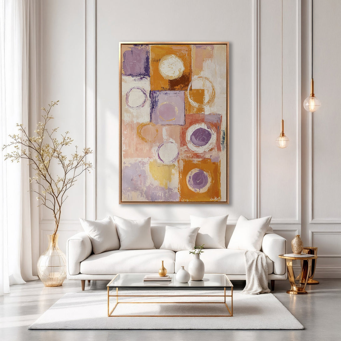 Abstract Canvas Print in warm tones of orange, purple, and pink, displayed in a modern living room setting. Elevate your space with art!