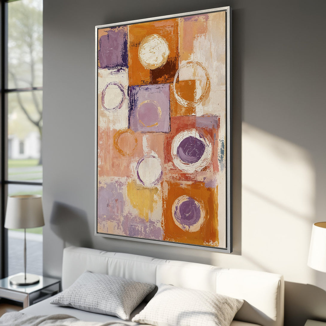 Framed Wall Art: Abstract painting in warm orange, purple, and beige tones. Modern art Canvas Print adds a pop of color to any bedroom decor.