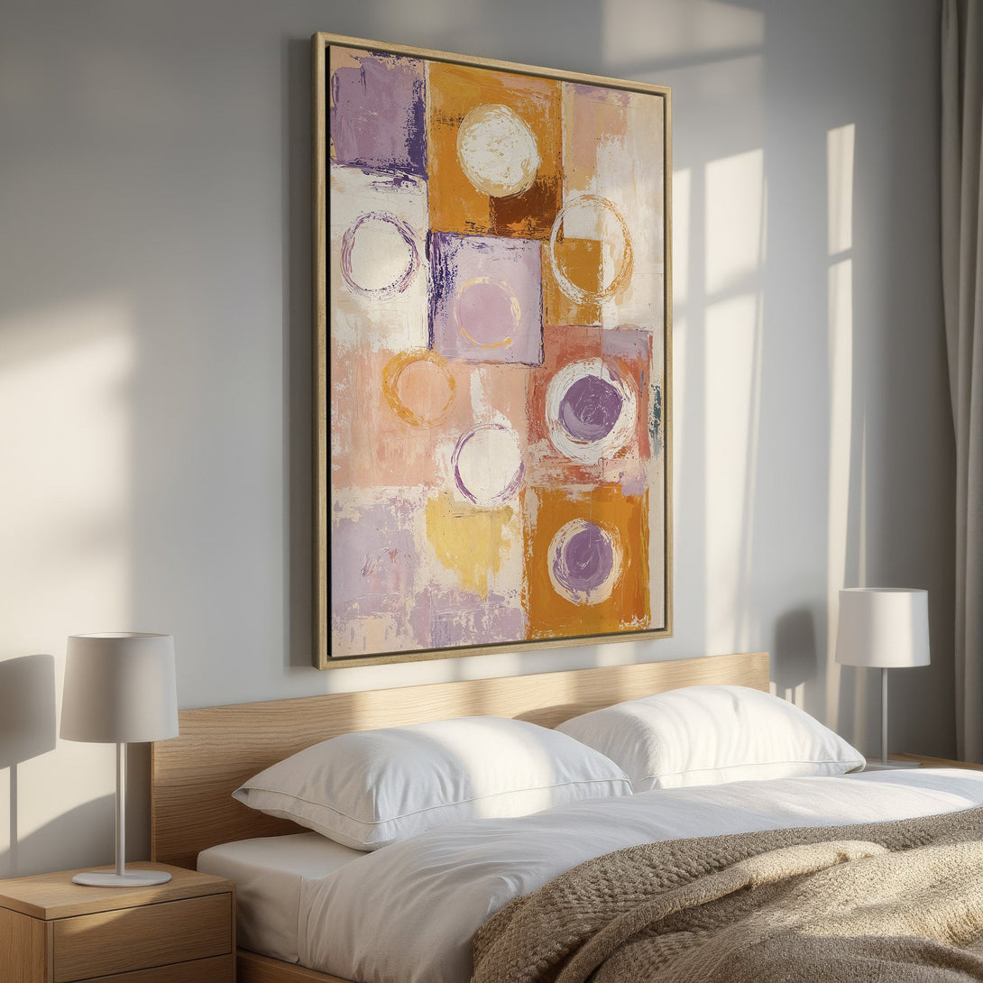 Framed Wall Art: Abstract geometric Canvas Print in warm orange, purple, and pink tones. Modern art for bedroom decor.