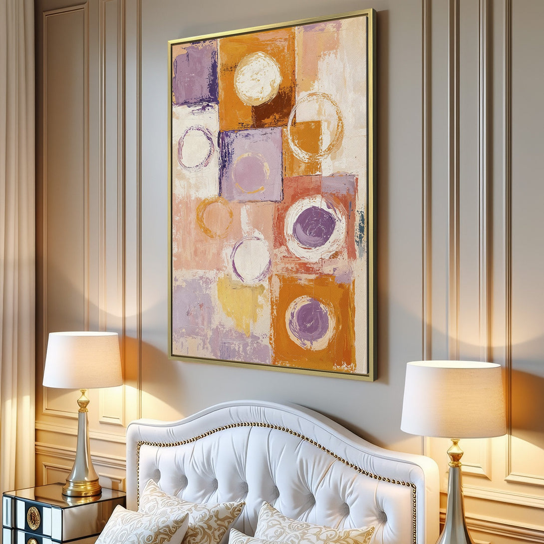Abstract Canvas Print in a modern living room. Features a colorful, geometric design with a warm, earthy palette of purple, orange, and pink. Perfect wall art!