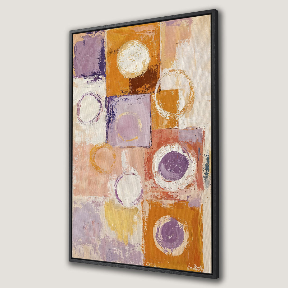 Framed Wall Art: Abstract art Canvas Print with geometric shapes in warm orange, purple, and cream tones. Modern artwork to elevate your space.