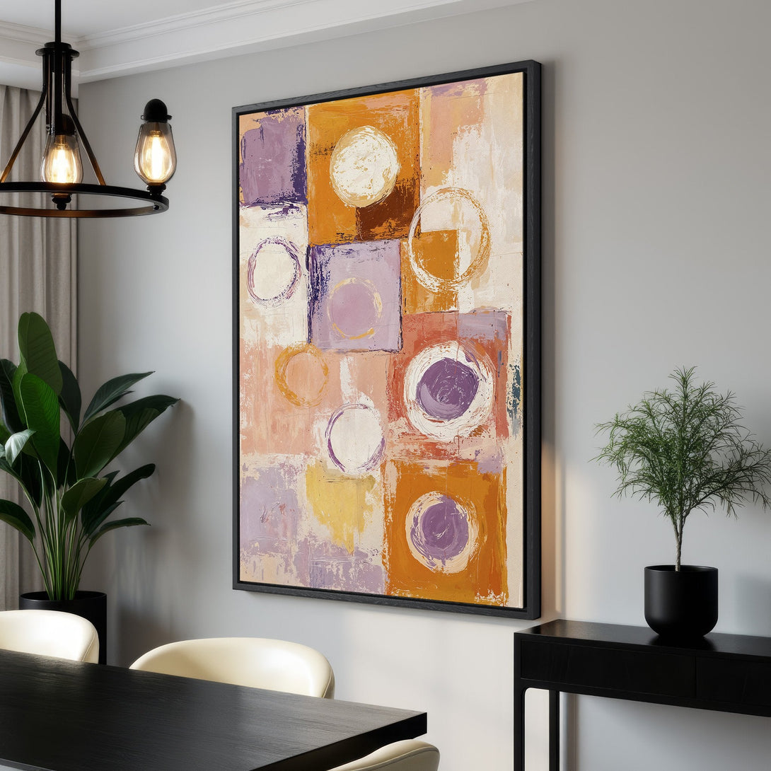 Framed Wall Art featuring abstract geometric art with warm orange, purple, and cream tones. Modern art canvas print perfect for living rooms and dining areas.