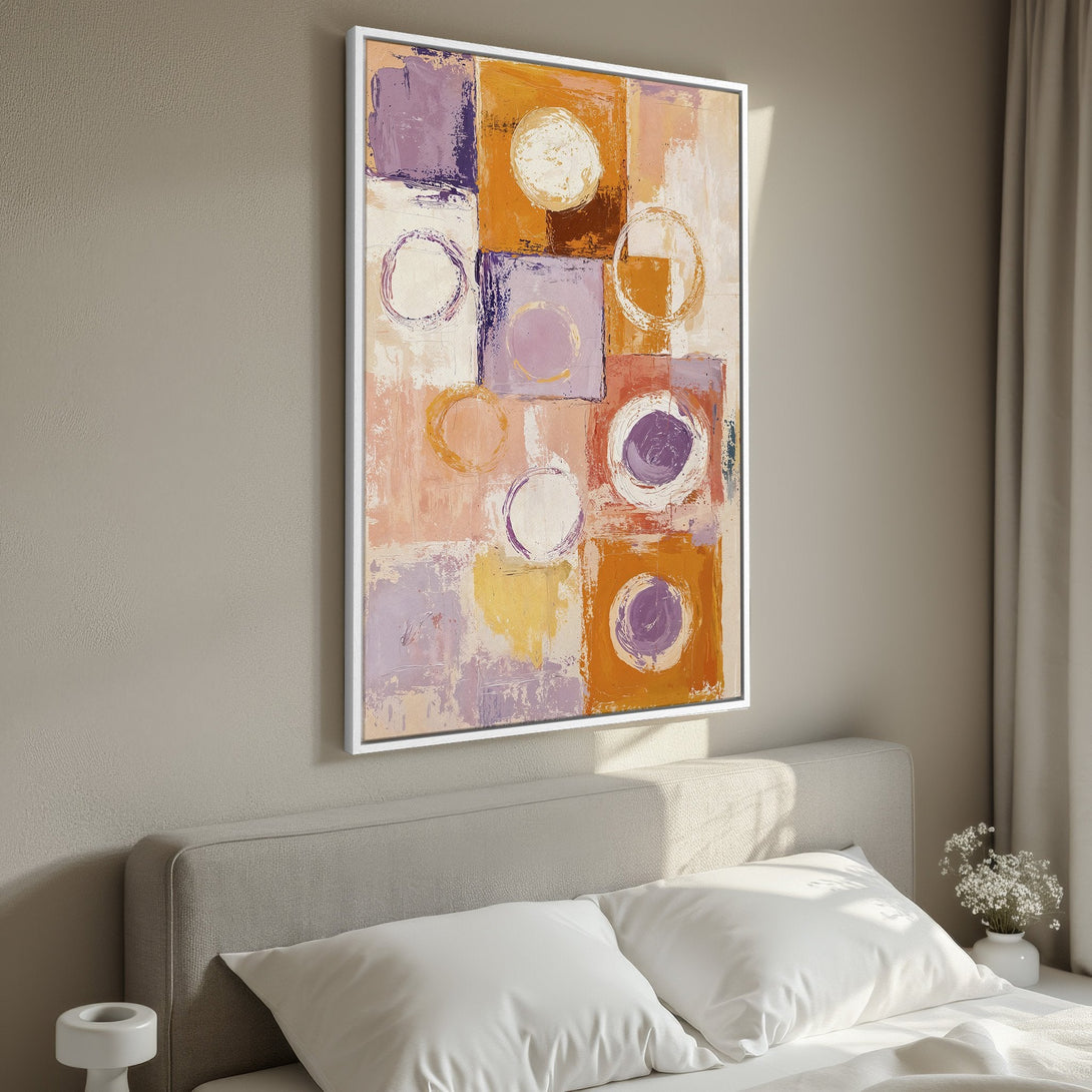 Framed Wall Art: Abstract painting in warm tones of orange, purple, and cream. Modern art for bedroom decor. Enhance your space with this beautiful canvas print.
