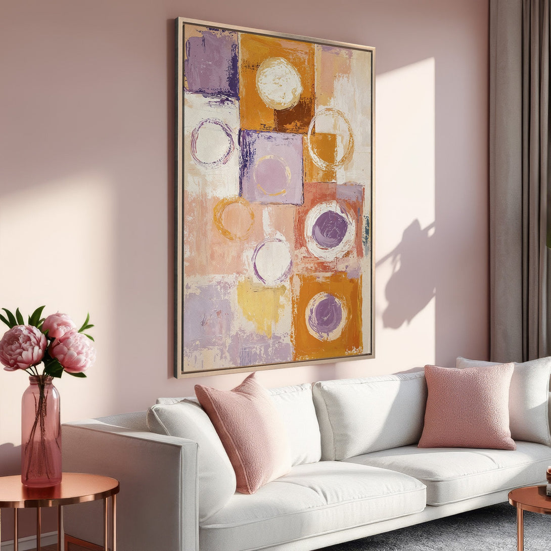 Framed Wall Art: Abstract art canvas print in warm, inviting colors of orange, purple, and pink. Perfect for adding a pop of color to any space.