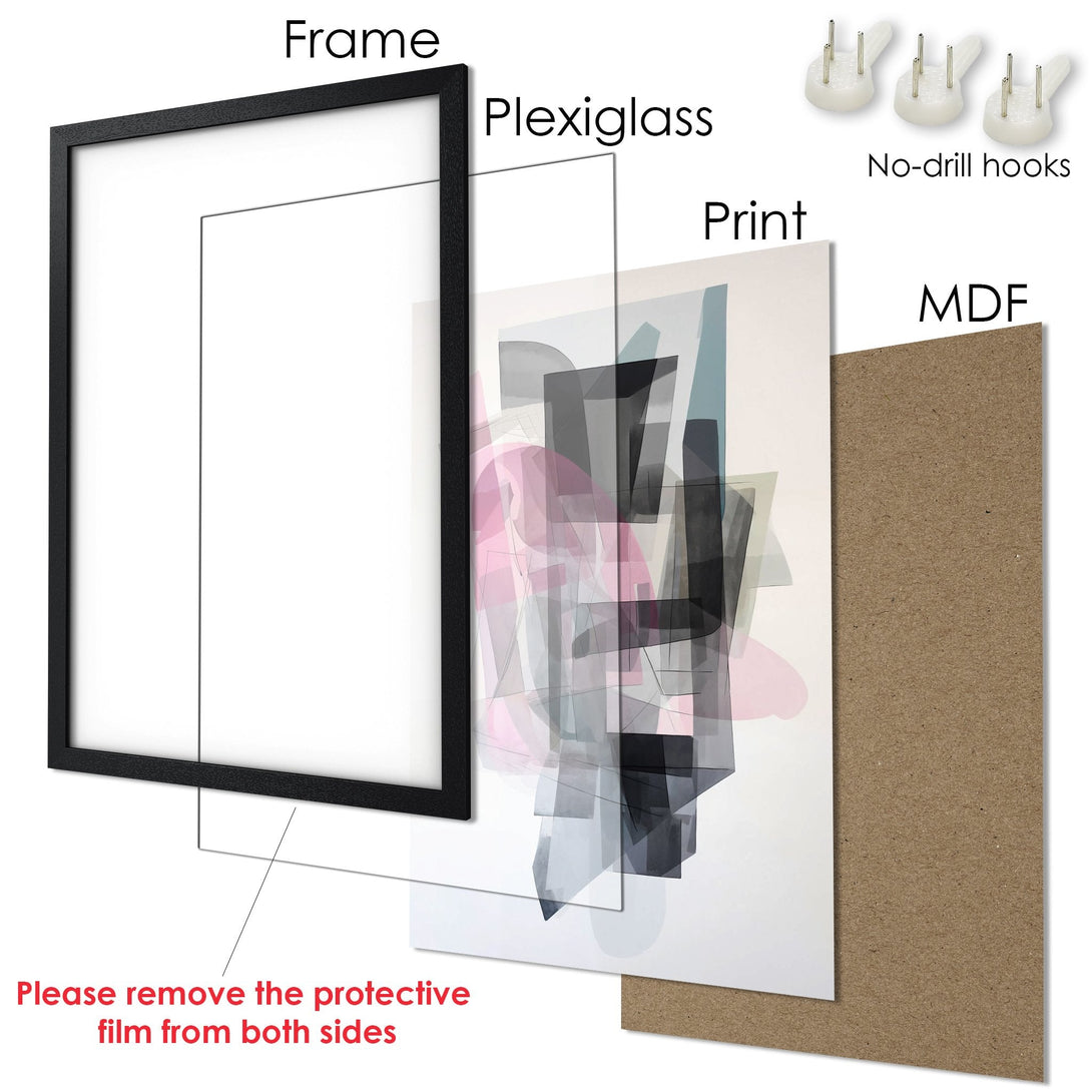 Framed Poster featuring abstract art in a modern style with a soft pink and gray color palette. Perfect wall decor!